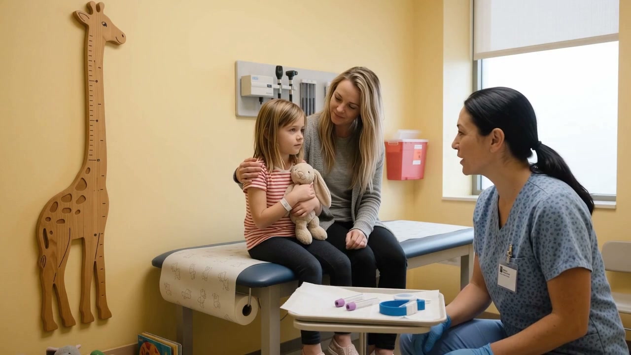 A nurse speaks with Maya and her mother before the blood draw in the film.