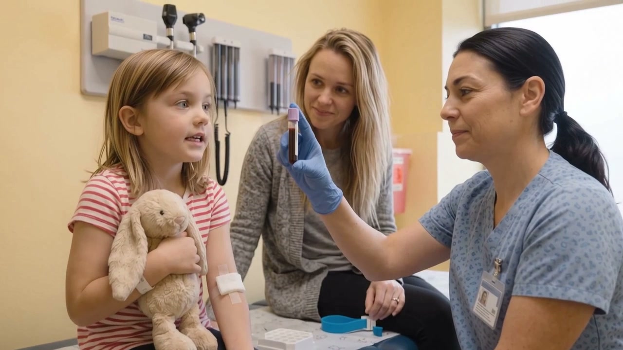 The nurse holds a blood collection tube while Maya asks whether it is the medicine.