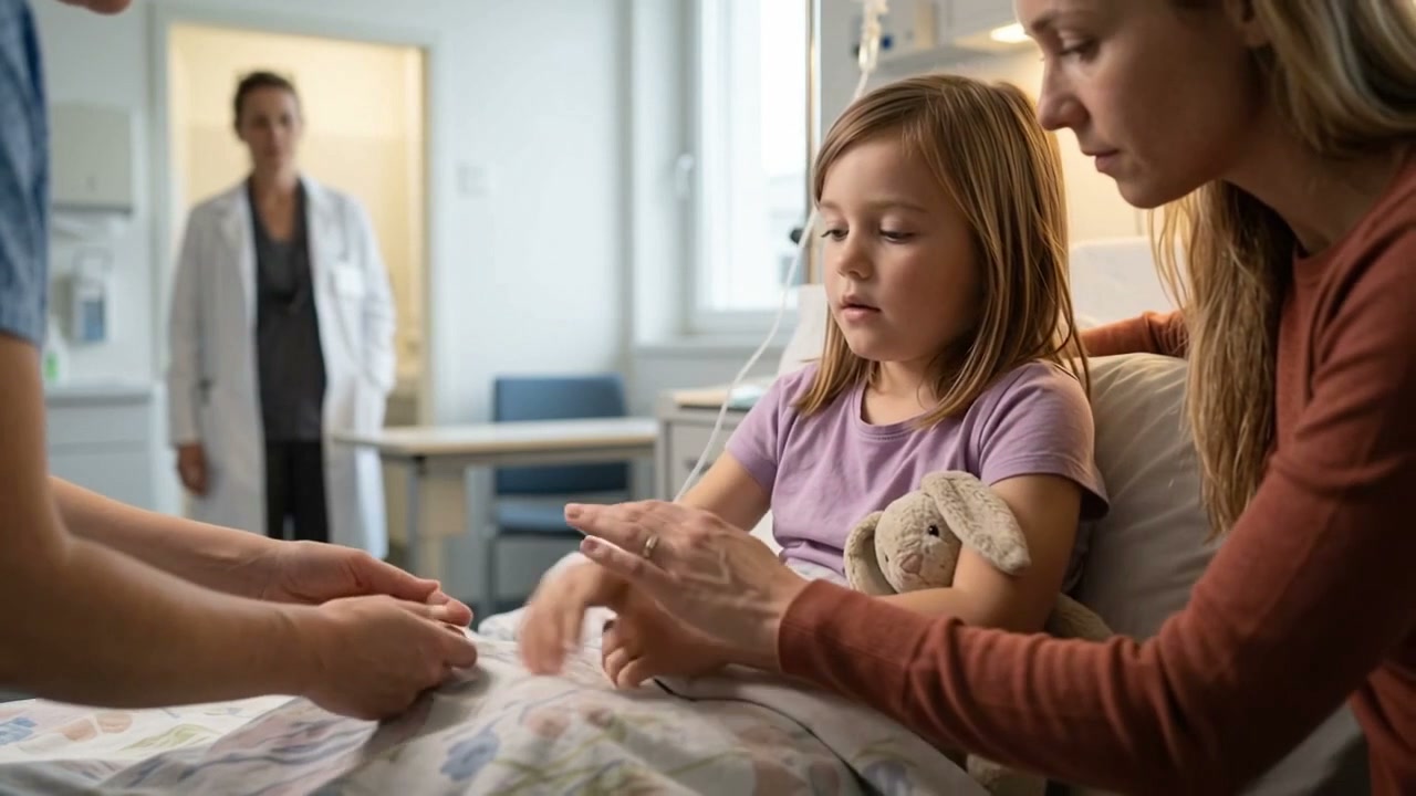 Maya receives an infusion with her mother beside her.