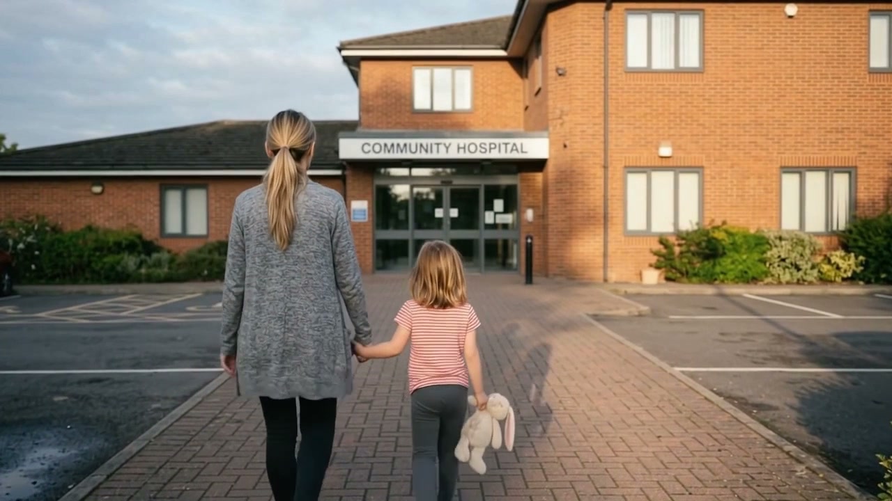 Maya and her mother walk toward a community hospital for a cell therapy blood draw.